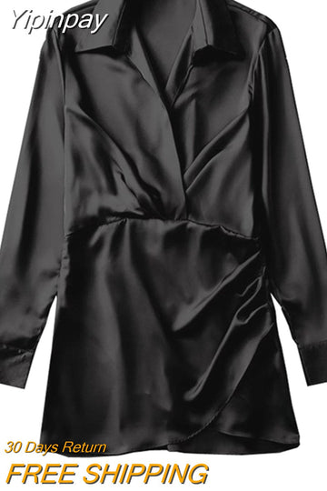 Yipinpay 2023 Satin Shirt Dress Woman Multicolor Short Dresses For Women Long Sleeve Mini Dress Elegant Casual Women's Dresses